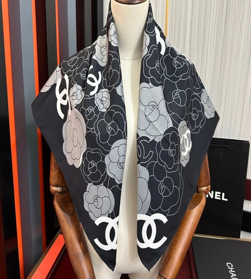Chanel Camellia & CC Logo Silk Scarf (Black & Gray)